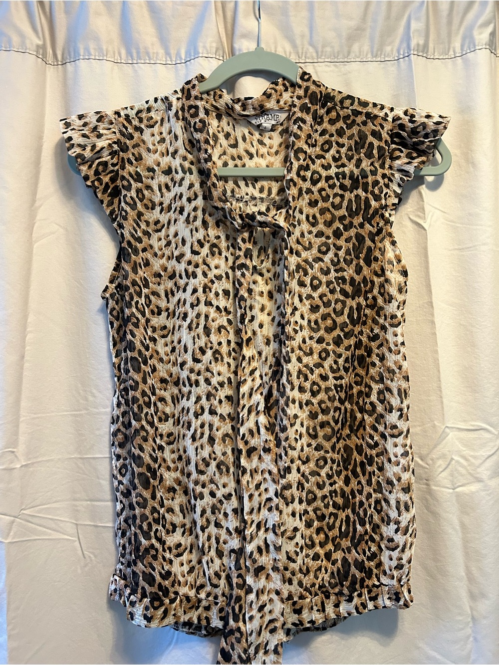 Tramp Leopard-Print Tie-Neck Sleeveless Sheer Blouse - Brown & Cream